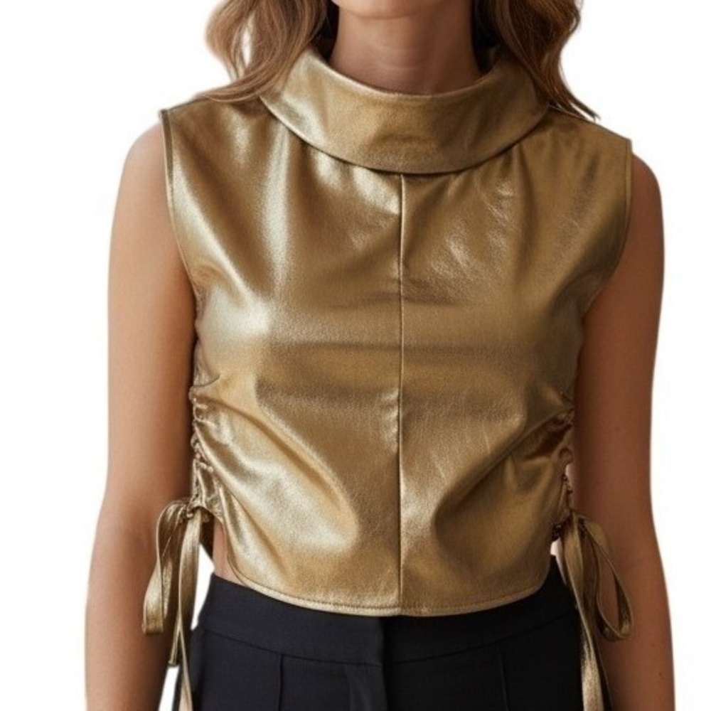 JULIA BY LOVE J Light Gold Mock Neck Open Sides With Buckle Vest NWOT Size Small